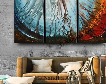 Blue Abstract Triptych Canvas Art: Large Fluid Painting by Nandita Albright