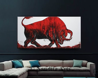 Oil Painting, Abstract Art, Wall Art, 48" Bull Original Painting on Canvas, Red Luxury Looks, Large Painting, Artwork, Modern Art by Nandita