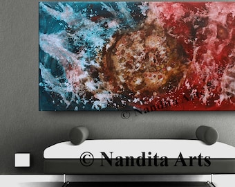 Large Abstract Painting: Red, Blue, Brown Wall Art on Canvas