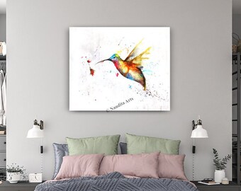 Whimsical Hummingbird Wall Art Painting on Canvas, Watercolor Painting Abstract Wall Art, Flying Bird Painting Kitchen Wall Art - Nandita