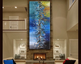 Modern Blue Abstract Canvas Wall Art, Jackson Pollock Acrylic Painting on Canvas, Handmade Original Luxury Office Décor, Nandita Albright