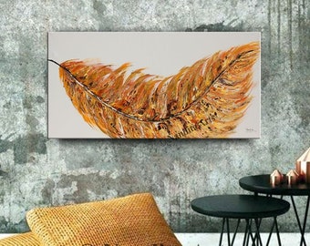 Gold Feather Painting on Canvas, Original Feather Wall Art 48" Eagle Bird Feather Wall Décor, Handmade Gift by Nandita Albright