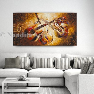Musical Instrument Wall Art – Guitar, Violin, Saxophone & Drum Painting on Canvas | Original Music Decor by Nandita Arts
