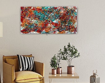 Teal and Red Acrylic Abstract Painting, Abstract Modern Art, Wall Art Large Home Décor, Luxury Contemporary Art Décor, 48x24"/120x60cm