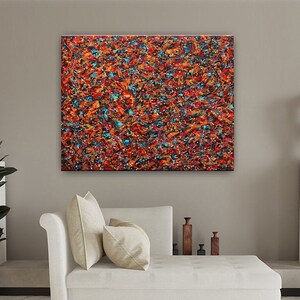 Original Jackson Pollock Style Abstract Painting: 48" Red Blue Wall Art