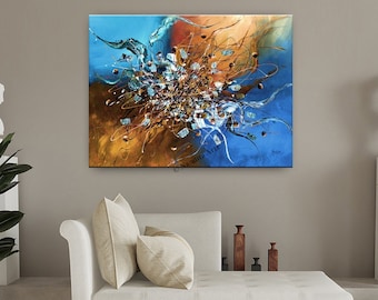 Large Blue Abstract Painting: Modern Handmade Canvas Wall Art