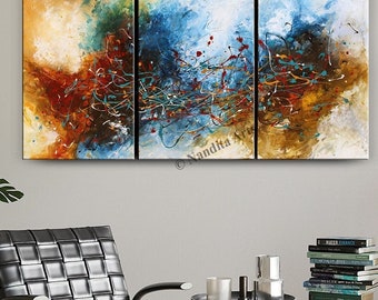 3 Panel Abstract Painting: Blue, Red, Yellow Acrylic Artwork