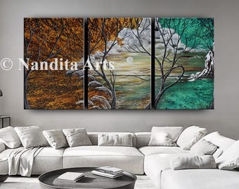 3 Panel Landscape Painting: Brown Green Acrylic Wall Art by Nandita Albright