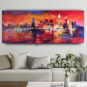 Brooklyn Bridge Urban Painting | Iconic New York Cityscape Art | Original Hand-Painted Canvas, Hudson River Home Décor Nandita Albright