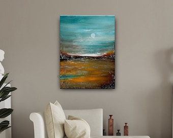 Abstract Turquoise Landscape Painting on Canvas, Sunsets Painting Original Wall Art, Modern Home Decor, Landscape Wall Art Decor