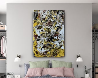 Yellow Abstract Original Modern Painting on Canvas, Fluid Wall Art Décor, Home & Living Room Artwork by Nandita Albright