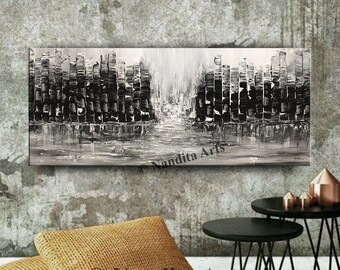 Black and White Cityscape Oil Painting: Large Abstract Modern Art