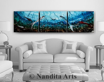 Koi fish painting wall Art on Canvas, Triptych Modern Acrylic Fish Painting, Seascape wall art by Nandita Albright