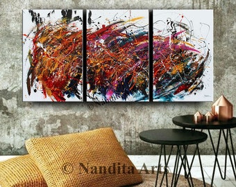 Contemporary Art 3 Panel Abstract Modern Wall Art on Canvas Unique Home Decor, 72" Acrylic Original Painting Multicolored Artwork by Nandita