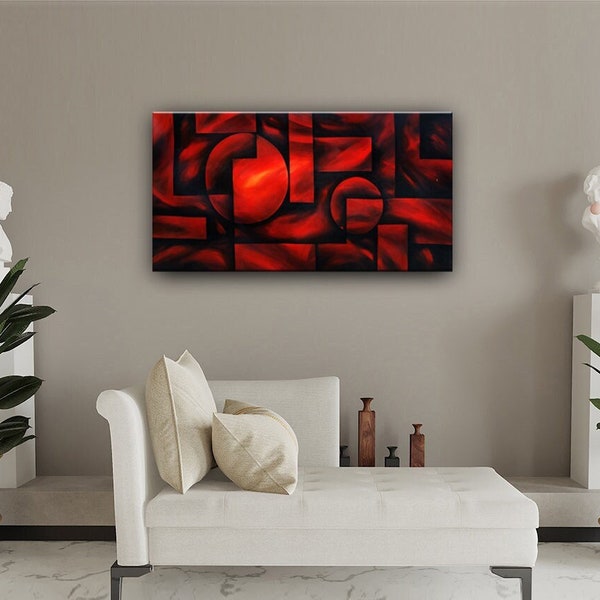 Vibrant Red Geometrical Abstract Modern Painting on Canvas, Contemporary Art Original Acrylic Large Artwork Modern Home Decor, by Nandita