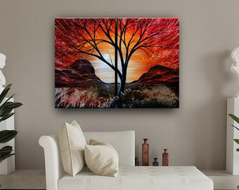 Unique Red Landscape Painting on Canvas, Set of 2 Panels Abstract Sunset Tree Art, Original Painting Livingroom Wall Art by Nandita Albright