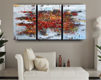 Set of 3 Panels Abstract Wall Art Red Painting on Canvas by Nandita Albright Bed Room Home Decor, Luxury Style Large Artwork.