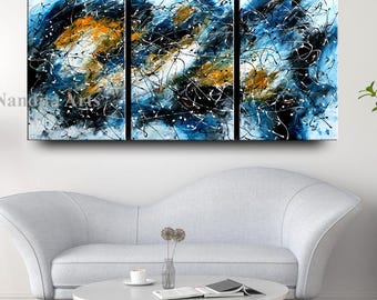 Large Blue Abstract Painting: 72" Modern Triptych Canvas Art