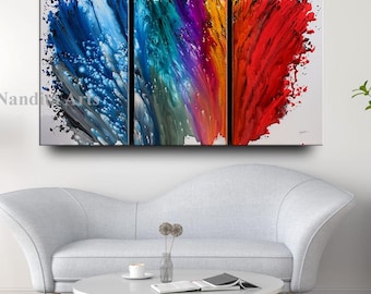 Abstract Triptych Painting: Red, Blue, & Teal Oversized Canvas Art