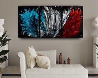 Contemporary Abstract Wall Art Red Blue Painting on Canvas, Stunning Modern Home Decor Triptych Original Art Home Décor, by Nandita Albright