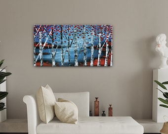 Textured Wall Art on Canvas, Birch Tree Painting Blue Artwork, Handmade Landscape Painting Large Livingroom Wall Art by Nandita