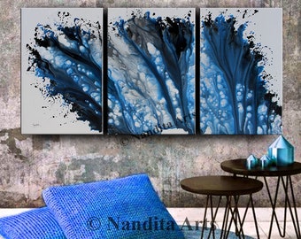 Blue Watercolor Painting, Abstract Original Large Modern Wall Art, Ocean Style Painting, Living Room Triptych Canvas Art by Nandita Albright