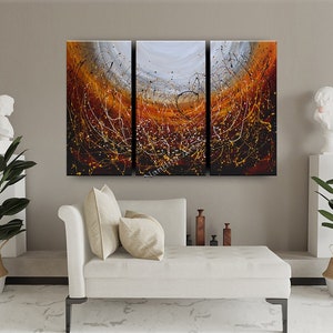 Jackson Pollock Style Triptych: Red Orange Abstract Canvas Art