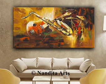 Gold Red Abstract Acrylic Guitar Painting on Canvas - A Perfect Gift for Music Lovers - Abstract Music Wall Art, by Nandita