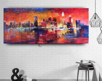 Sunsets of Brooklyn Bridge Urban Painting on Canvas, Original Painting New York Cityscape Wall Art, Hudson River Home Décor Nandita Albright