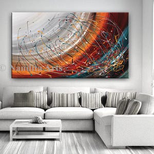 Jackson Pollock Style Abstract Drip Painting: Orange, Gray, and White Canvas