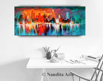 Fiery Skyline Cityscape Painting - Colorful Abstract Urban Art by Nandita Albright | Modern Wall Decor