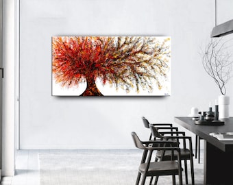 Abstract Tree Painting: Large Modern Red Autumn Landscape Wall Art