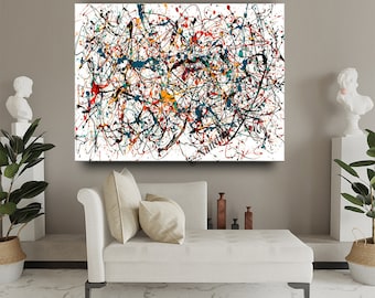 May include: A large rectangular canvas featuring an abstract composition of chaotic paint splatters and drips in black, red, yellow, and teal against a stark white background. The artwork displays a dense, layered web of lines and dots.
