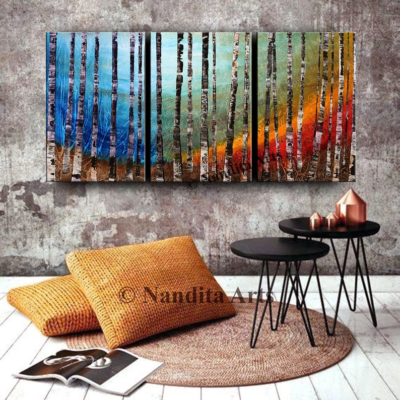 Birch Tree Painting Landscape Art Acrylic Nature Silent Forest Canvas Art Turquoise Teal Wall Art by Nandita Albright image 7