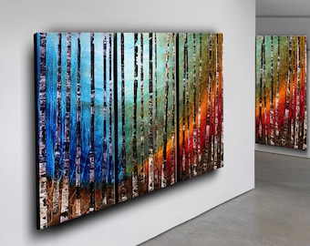 Birch Tree Painting: Abstract Teal Forest Landscape Art, 72" Canvas