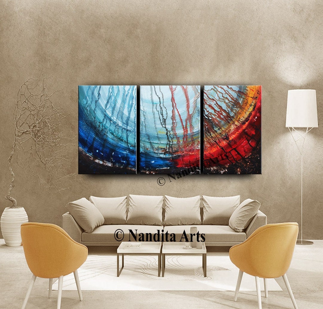 Large Abstract Triptych Painting: Red, Blue, and Turquoise Acrylic Art ...