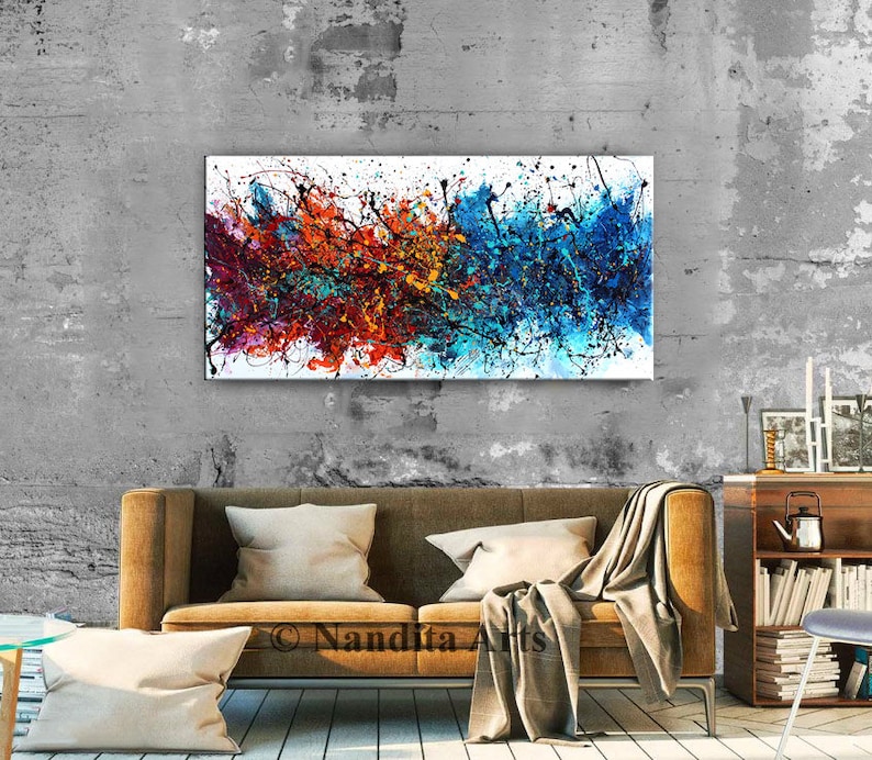 Acrylic Painting Jackson Pollock Abstract Painting on Canvas Handmade Blue Luxury Style Large Modern Wall Art Rustic Unique Living Room Art image 8