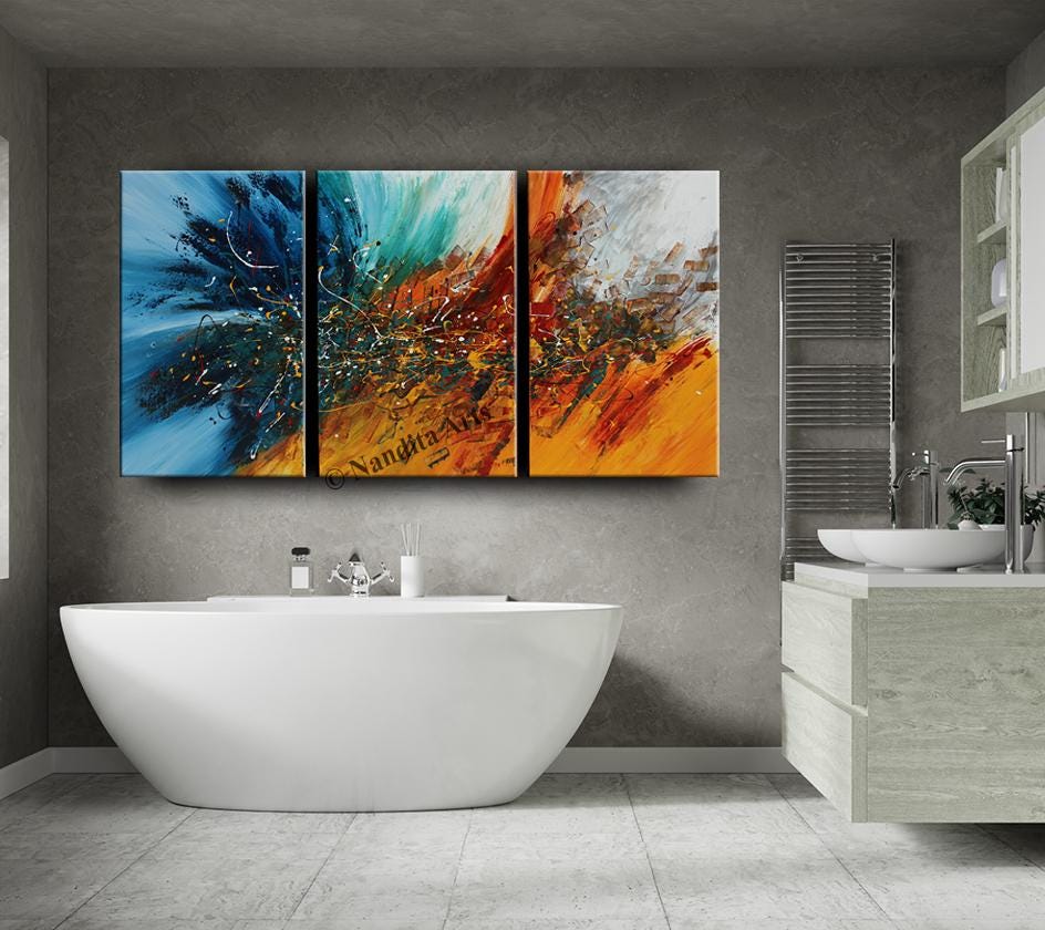 Blue & Red Abstract Triptych: 72