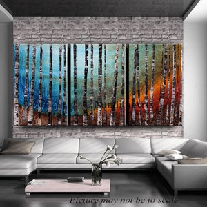 Birch Tree Painting Landscape Art Acrylic Nature Silent Forest Canvas Art Turquoise Teal Wall Art by Nandita Albright image 6