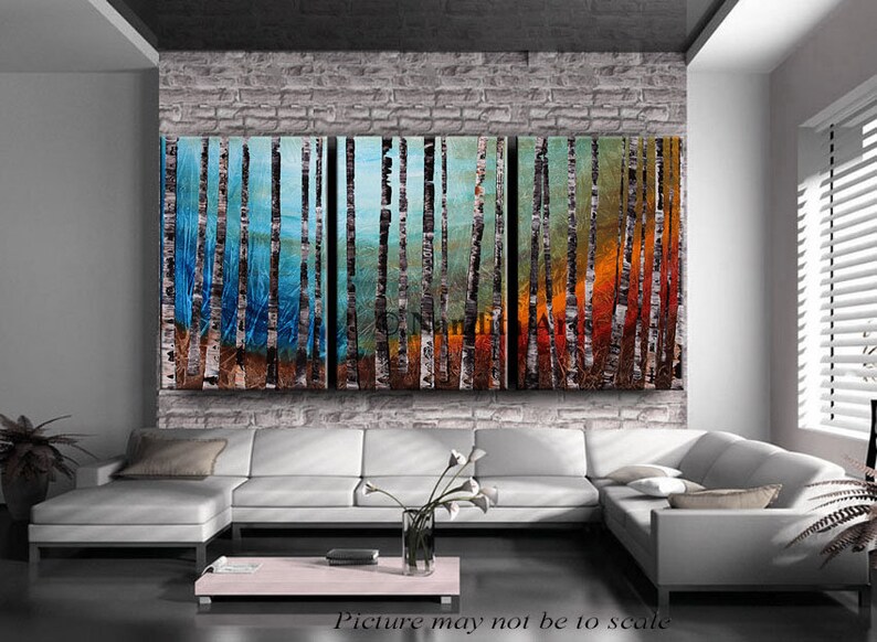 Birch Tree Painting Landscape Art Acrylic Nature Silent Forest Canvas Art Turquoise Teal Wall Art by Nandita Albright image 6