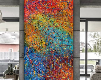 Multicolored Jackson Pollock Wall Art Large Painting on Canvas- Textured Oil Painting Abstract Oversize Livingroom Décor by Nandita