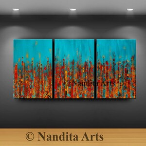 Abstract Red Blue Cityscape Painting on Canvas by Nandita 72 Skyline Art,Architecture City Painting, Modern Wall Art, Texture Artwork image 4