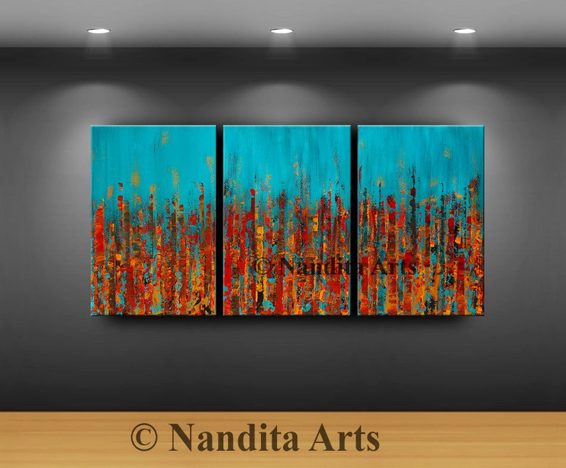 Abstract Red Blue Cityscape Painting on Canvas by Nandita 72 Skyline Art,Architecture City Painting, Modern Wall Art, Texture Artwork image 4