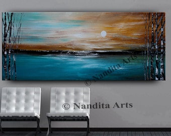 Original Abstract Landscape Painting: Turquoise Birch Tree Sunset Art