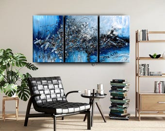 Triptyque bleu d'art abstrait | Décoration murale moderne en toile, 3 panneaux - Nandita Albright