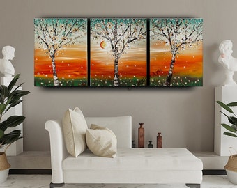 3 Panels Textured Flower Art Tree Painting on Canvas, Flower Texture Wall Art, Handmade Sunset Landscape Floral Abstract Painting, Artwork