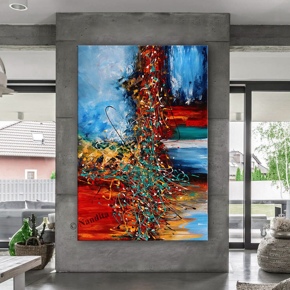 Red Blue Painting Acrylic Abstract Modern Art on Canvas by Etsy