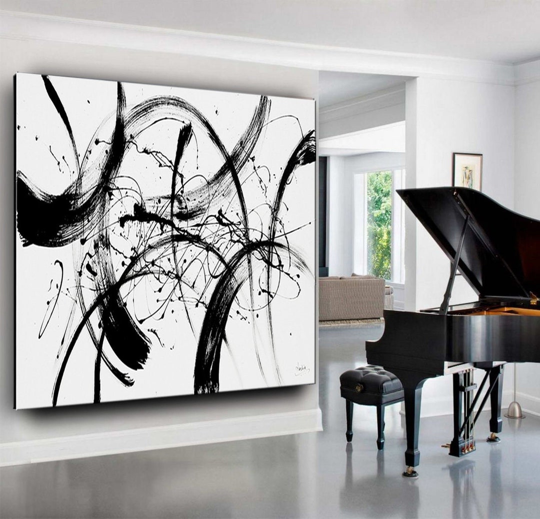 Black and White Abstract Painting on Canvas: Large Modern Wall Art - Etsy