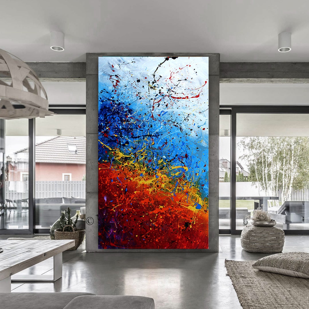 Modern Jackson Pollockinspired Red and Blue Wall Decor on Canvas, Bold
