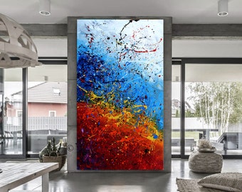 Jackson Pollock Style Canvas Art: Red, Blue Abstract Painting by Nandita Albright